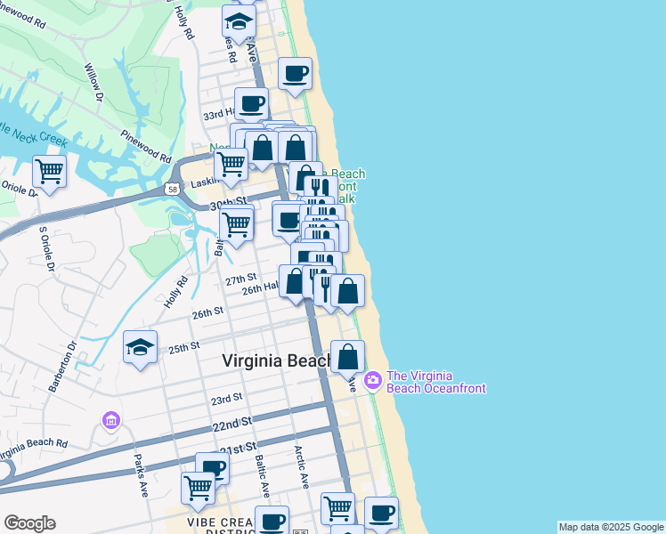 map of restaurants, bars, coffee shops, grocery stores, and more near 2613 Atlantic Avenue in Virginia Beach