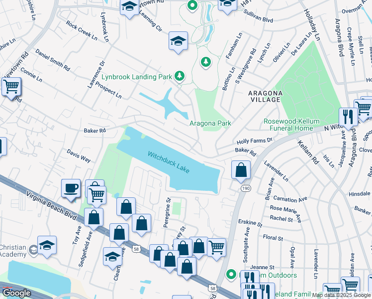 map of restaurants, bars, coffee shops, grocery stores, and more near 5437 Bulls Bay Drive in Virginia Beach