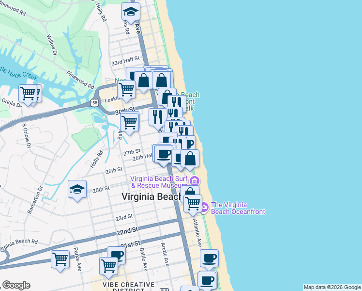 map of restaurants, bars, coffee shops, grocery stores, and more near 2613 Atlantic Avenue in Virginia Beach
