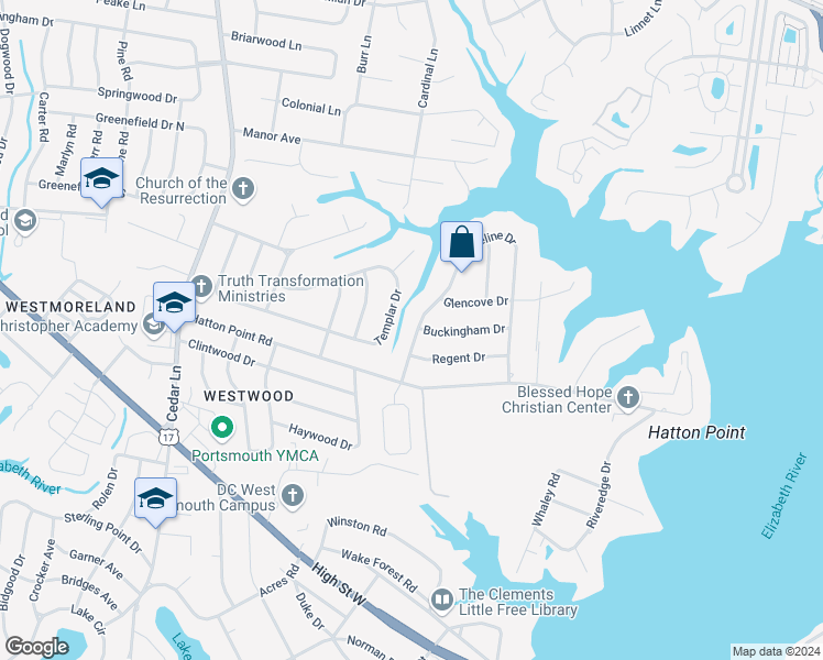 map of restaurants, bars, coffee shops, grocery stores, and more near 3408 Shoreline Drive in Portsmouth