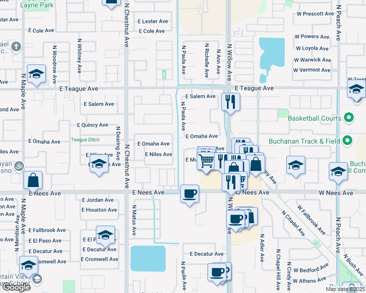 map of restaurants, bars, coffee shops, grocery stores, and more near 8188 North Winery Avenue in Fresno