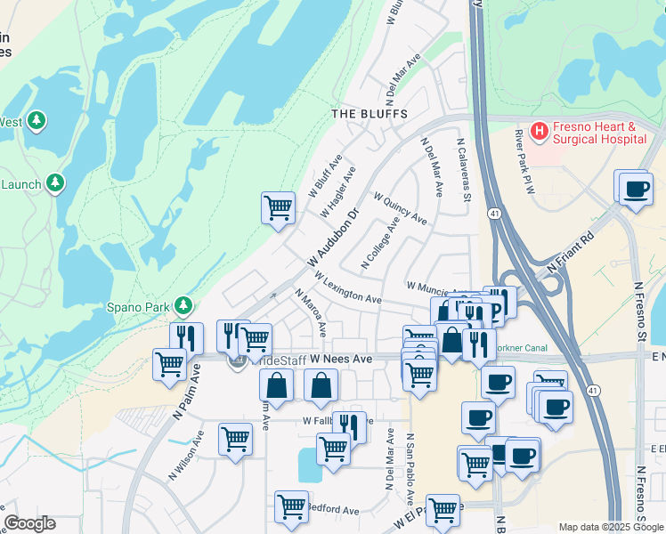 map of restaurants, bars, coffee shops, grocery stores, and more near 374 West Lexington Avenue in Fresno