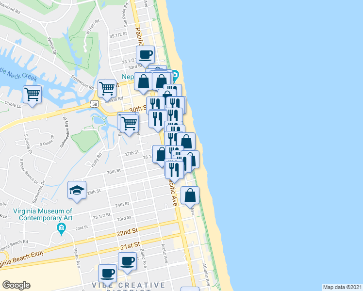 map of restaurants, bars, coffee shops, grocery stores, and more near in Virginia Beach