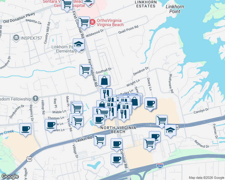 map of restaurants, bars, coffee shops, grocery stores, and more near 833 Plymouth Lane in Virginia Beach