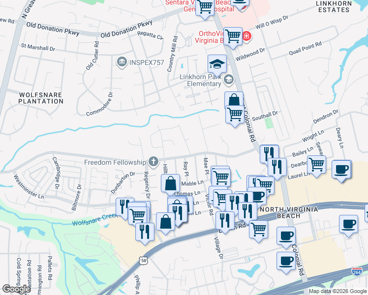 map of restaurants, bars, coffee shops, grocery stores, and more near 1852 Piankatank Lane in Virginia Beach
