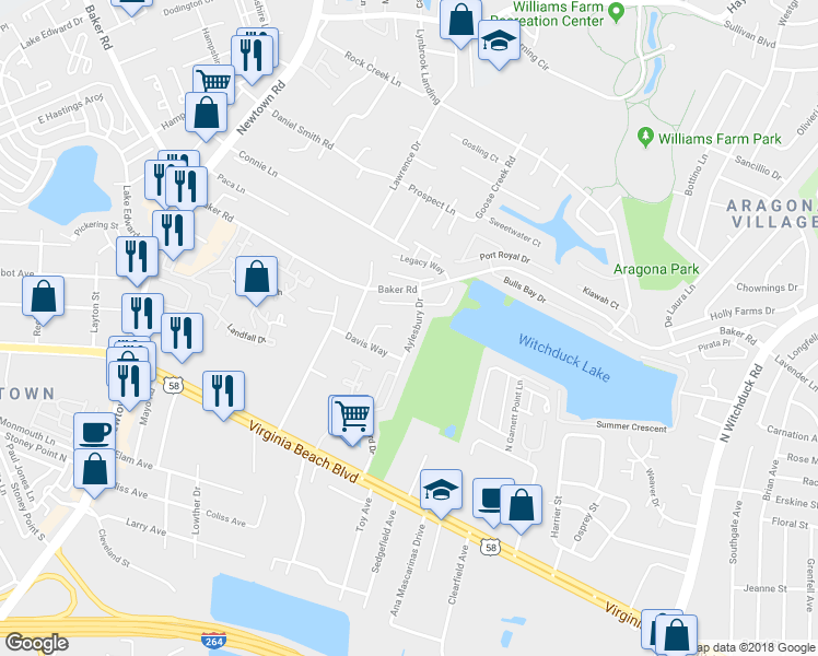 map of restaurants, bars, coffee shops, grocery stores, and more near 633 Aylesbury Drive in Virginia Beach