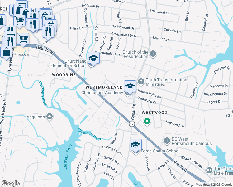 map of restaurants, bars, coffee shops, grocery stores, and more near 3231 Clover Hill Drive in Portsmouth