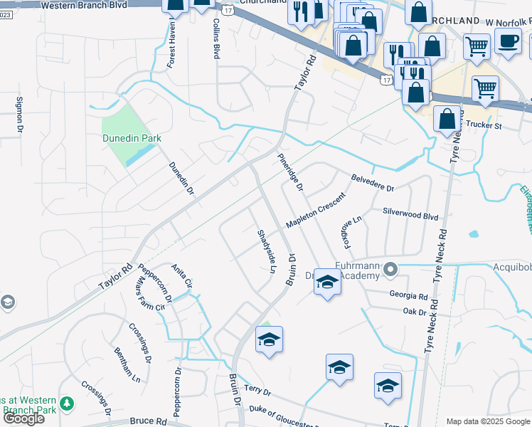 map of restaurants, bars, coffee shops, grocery stores, and more near 3304 Bruin Drive in Chesapeake