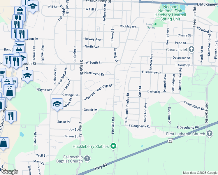 map of restaurants, bars, coffee shops, grocery stores, and more near 1499 Knapp Court in Neosho