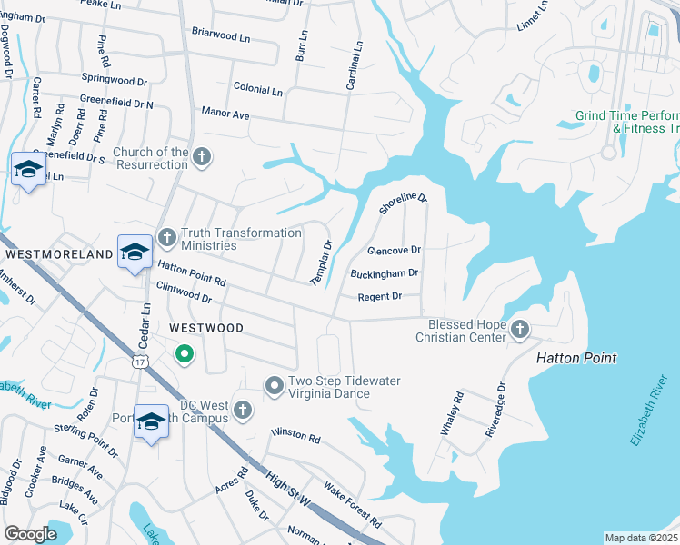 map of restaurants, bars, coffee shops, grocery stores, and more near 3408 Shoreline Drive in Portsmouth