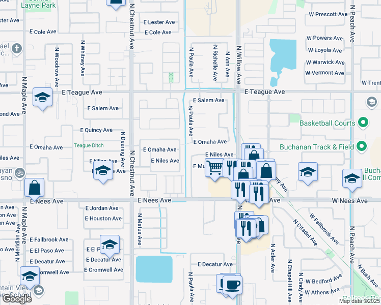 map of restaurants, bars, coffee shops, grocery stores, and more near 8188 North Winery Avenue in Fresno
