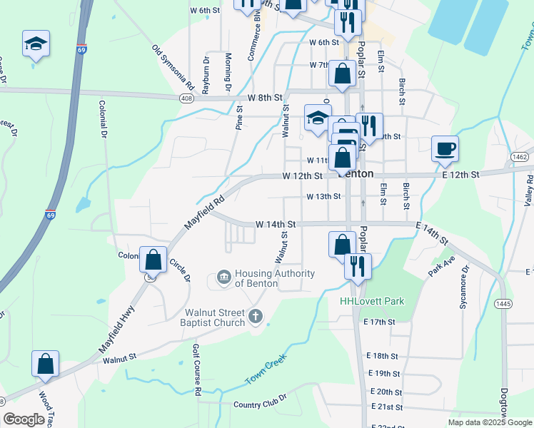 map of restaurants, bars, coffee shops, grocery stores, and more near 364 West 14th Street in Benton