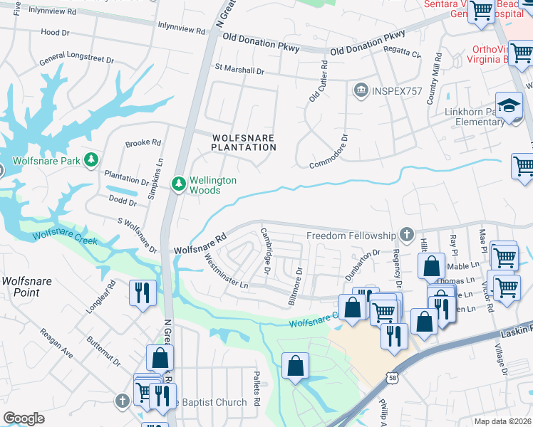map of restaurants, bars, coffee shops, grocery stores, and more near 2166 Wolfsnare Road in Virginia Beach