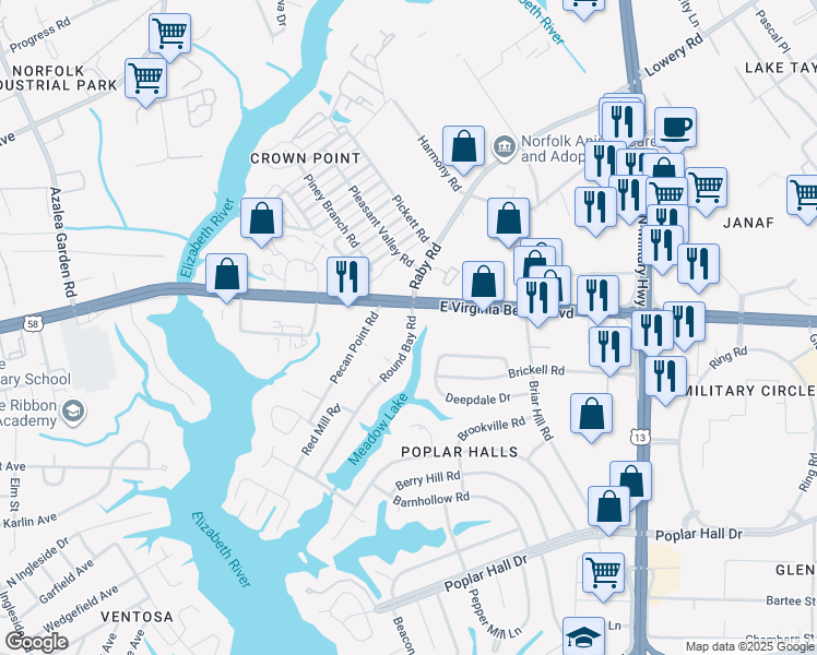 map of restaurants, bars, coffee shops, grocery stores, and more near 931 Round Bay Road in Norfolk