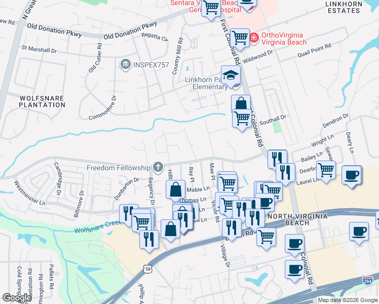map of restaurants, bars, coffee shops, grocery stores, and more near 1852 Piankatank Lane in Virginia Beach