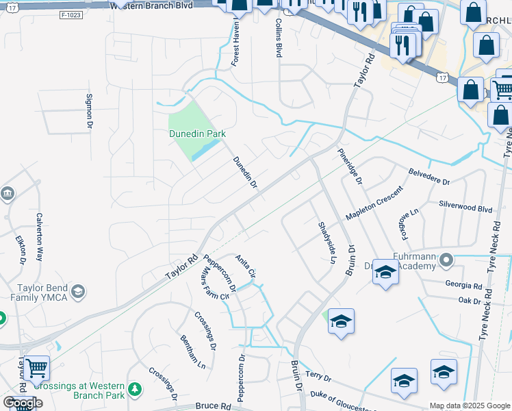 map of restaurants, bars, coffee shops, grocery stores, and more near 3309 Taylor Court in Chesapeake
