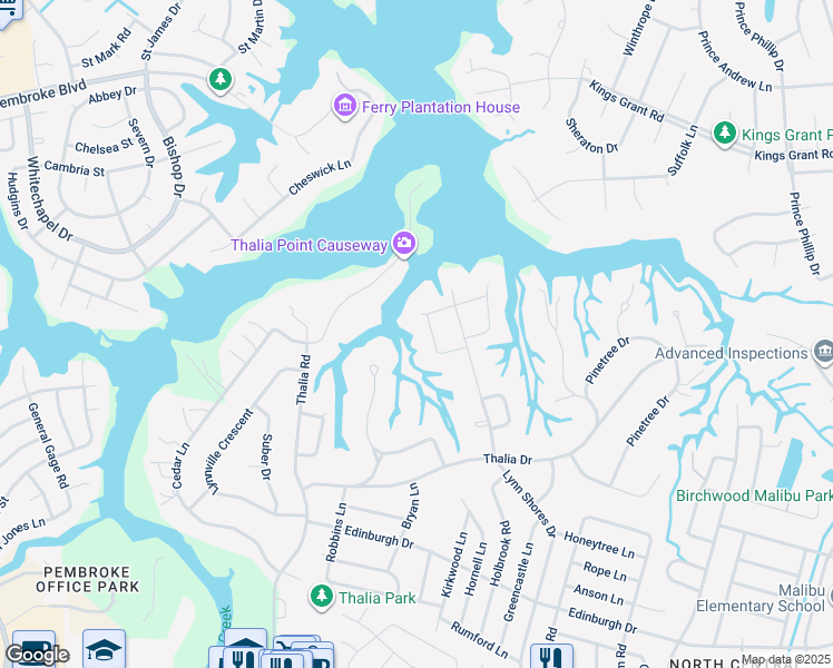 map of restaurants, bars, coffee shops, grocery stores, and more near 621 West Lynn Shores Circle in Virginia Beach