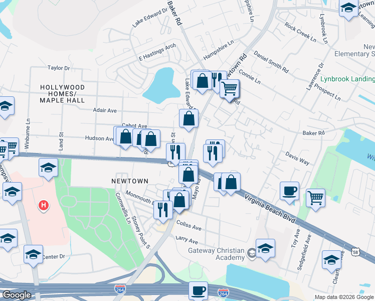 map of restaurants, bars, coffee shops, grocery stores, and more near 1025 Newtown Road in Norfolk