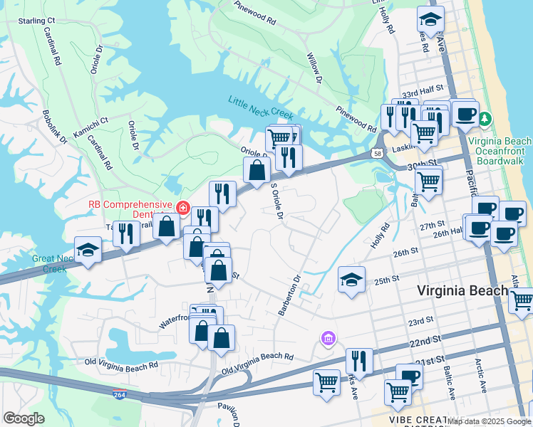 map of restaurants, bars, coffee shops, grocery stores, and more near 1036 Draketail Lane in Virginia Beach