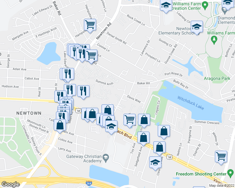 map of restaurants, bars, coffee shops, grocery stores, and more near 505 Davis Street in Virginia Beach