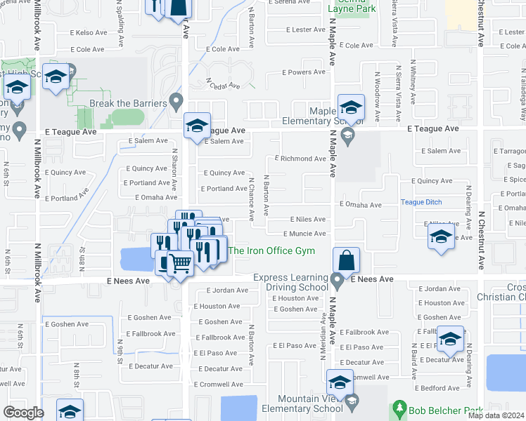 map of restaurants, bars, coffee shops, grocery stores, and more near 8231 North Barton Avenue in Fresno