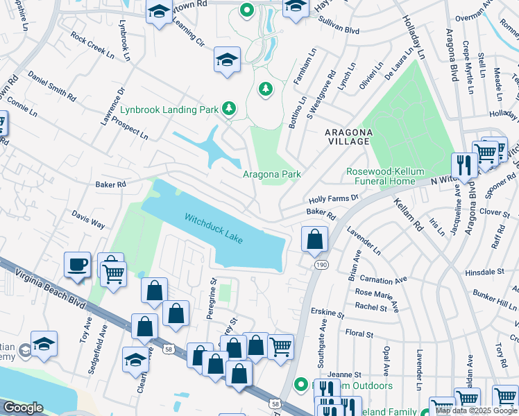 map of restaurants, bars, coffee shops, grocery stores, and more near 616 Edisto Court in Virginia Beach