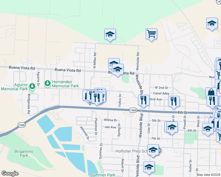 map of restaurants, bars, coffee shops, grocery stores, and more near 201 Madera Court in Hollister