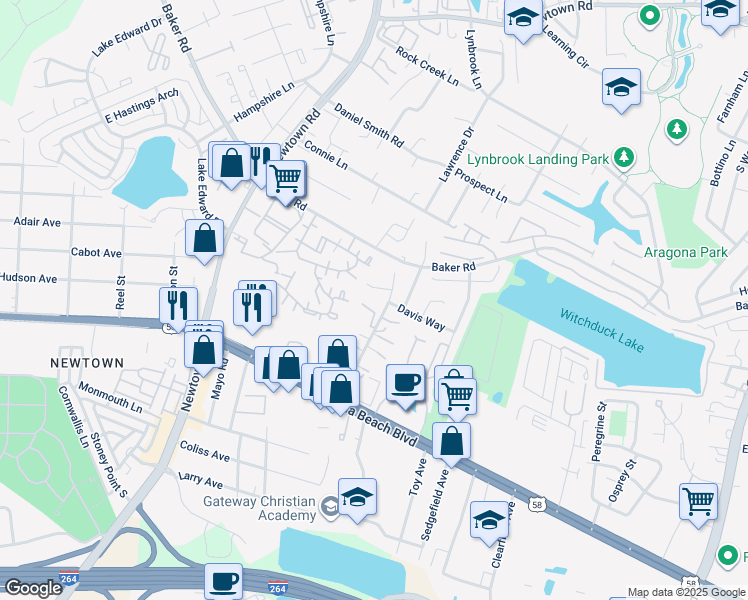 map of restaurants, bars, coffee shops, grocery stores, and more near 505 Davis Street in Virginia Beach