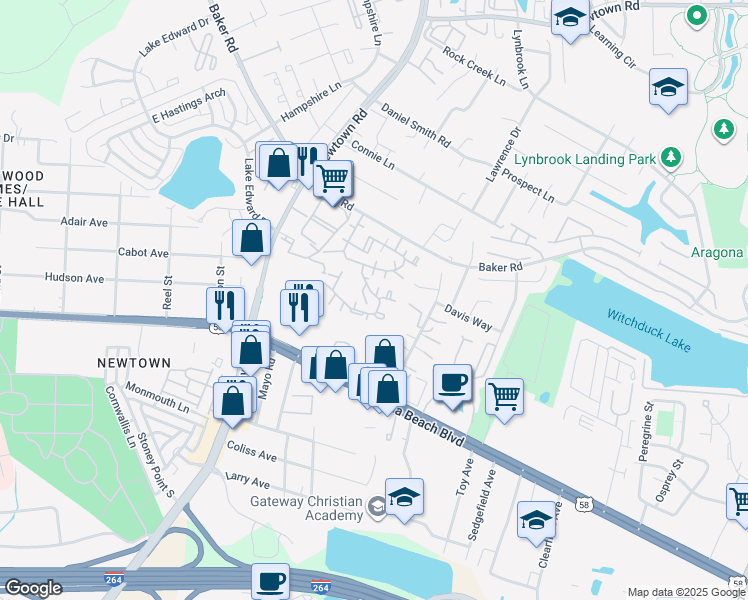 map of restaurants, bars, coffee shops, grocery stores, and more near 400 Resort Court in Virginia Beach