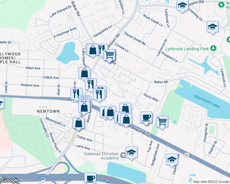 map of restaurants, bars, coffee shops, grocery stores, and more near 400 Resort Court in Virginia Beach