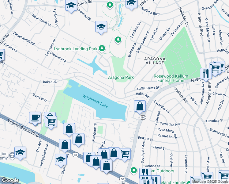 map of restaurants, bars, coffee shops, grocery stores, and more near 605 Edisto Court in Virginia Beach