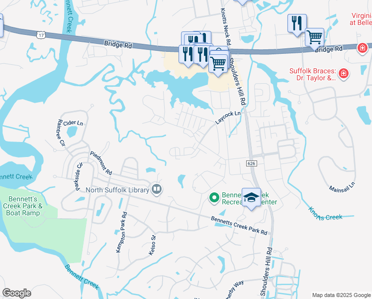 map of restaurants, bars, coffee shops, grocery stores, and more near 2008 Laycock Lane in Suffolk