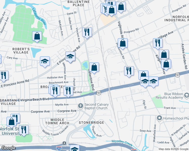 map of restaurants, bars, coffee shops, grocery stores, and more near 3115 Beachmont Avenue in Norfolk