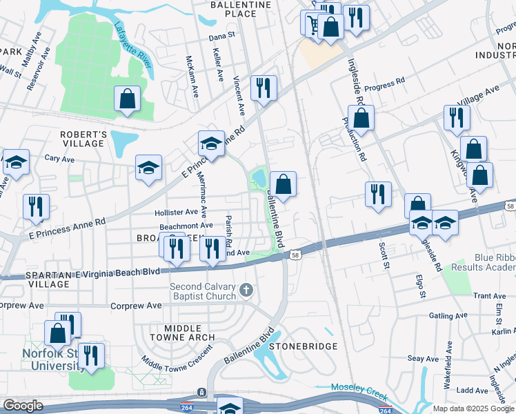 map of restaurants, bars, coffee shops, grocery stores, and more near 3214 Woodland Avenue in Norfolk