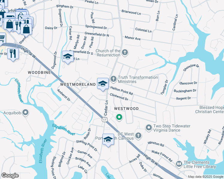 map of restaurants, bars, coffee shops, grocery stores, and more near 4917 Hatton Point Road in Portsmouth