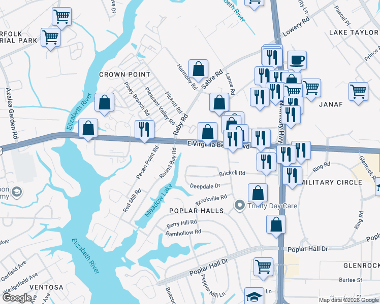 map of restaurants, bars, coffee shops, grocery stores, and more near 5535 East Virginia Beach Boulevard in Norfolk