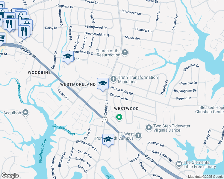 map of restaurants, bars, coffee shops, grocery stores, and more near 4917 Hatton Point Road in Portsmouth