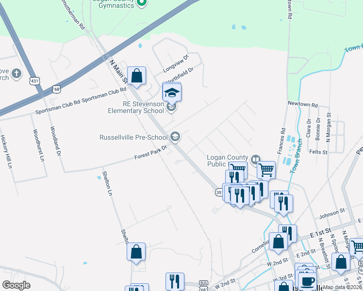 map of restaurants, bars, coffee shops, grocery stores, and more near 800 North Main Street in Russellville