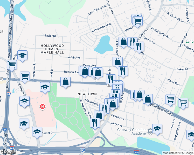 map of restaurants, bars, coffee shops, grocery stores, and more near 1016 Reel Street in Norfolk