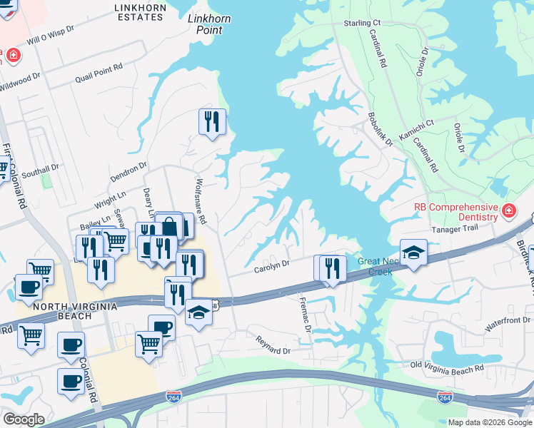 map of restaurants, bars, coffee shops, grocery stores, and more near 1417 Laurel View Drive in Virginia Beach