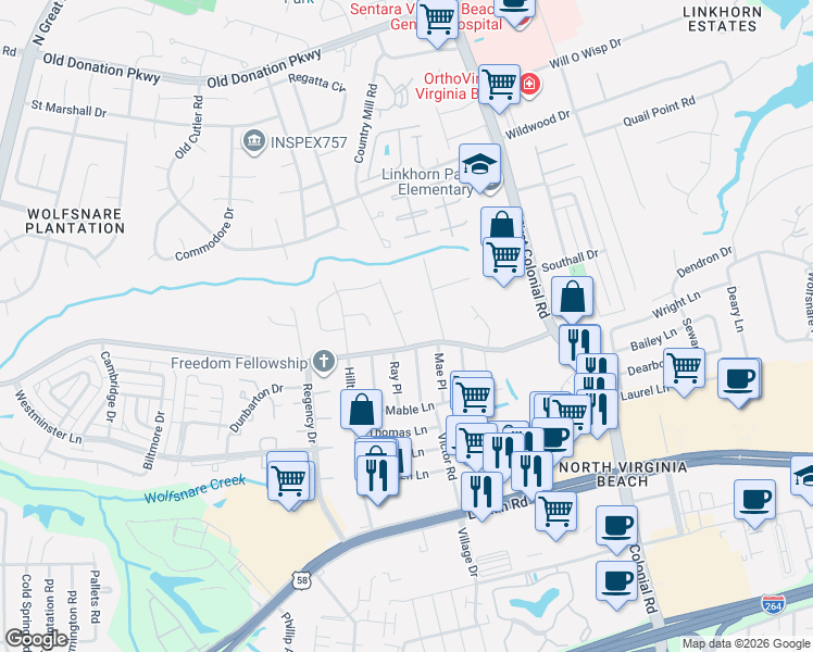 map of restaurants, bars, coffee shops, grocery stores, and more near 1840 Wolfsnare Road in Virginia Beach