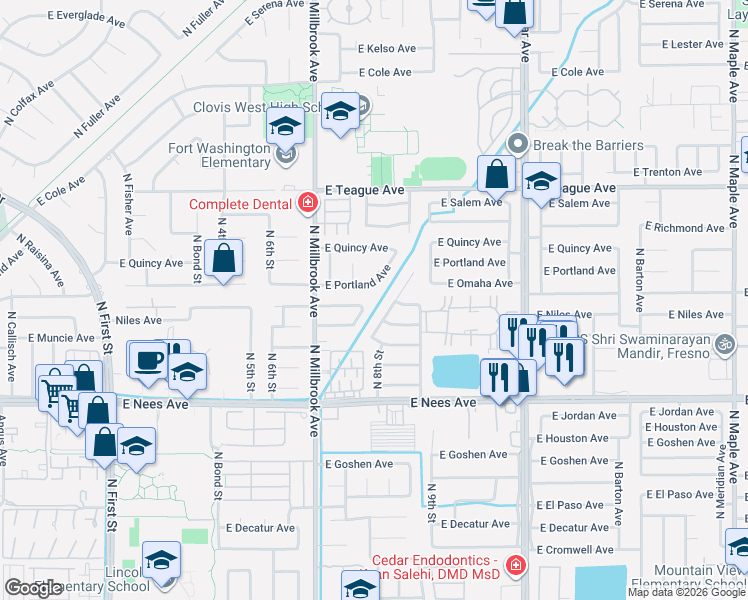 map of restaurants, bars, coffee shops, grocery stores, and more near 8188 North 8th Street in Fresno