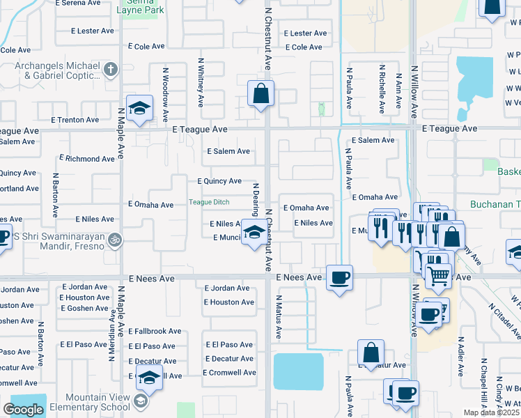 map of restaurants, bars, coffee shops, grocery stores, and more near 8222 North Dearing Avenue in Fresno