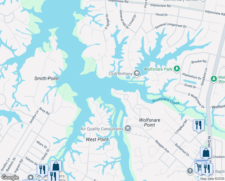 map of restaurants, bars, coffee shops, grocery stores, and more near 2934 Seashore Point in Virginia Beach