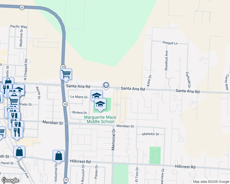 map of restaurants, bars, coffee shops, grocery stores, and more near 901-999 Santa Ana Road in Hollister