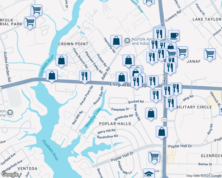 map of restaurants, bars, coffee shops, grocery stores, and more near 5535 East Virginia Beach Boulevard in Norfolk
