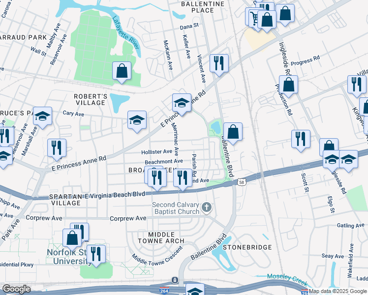 map of restaurants, bars, coffee shops, grocery stores, and more near 2911 Hollister Avenue in Norfolk