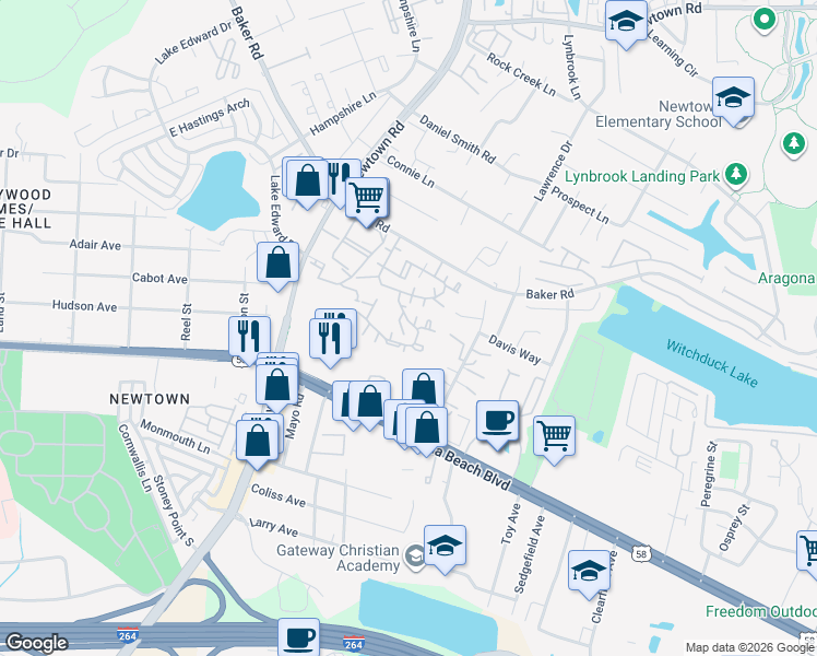 map of restaurants, bars, coffee shops, grocery stores, and more near 400 Resort Court in Virginia Beach