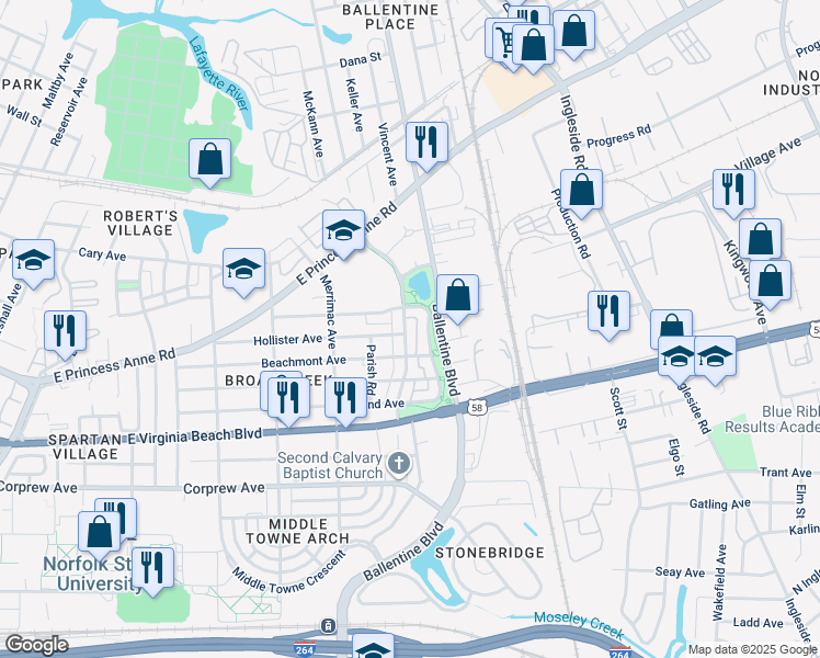 map of restaurants, bars, coffee shops, grocery stores, and more near 1236 Godfrey Avenue in Norfolk