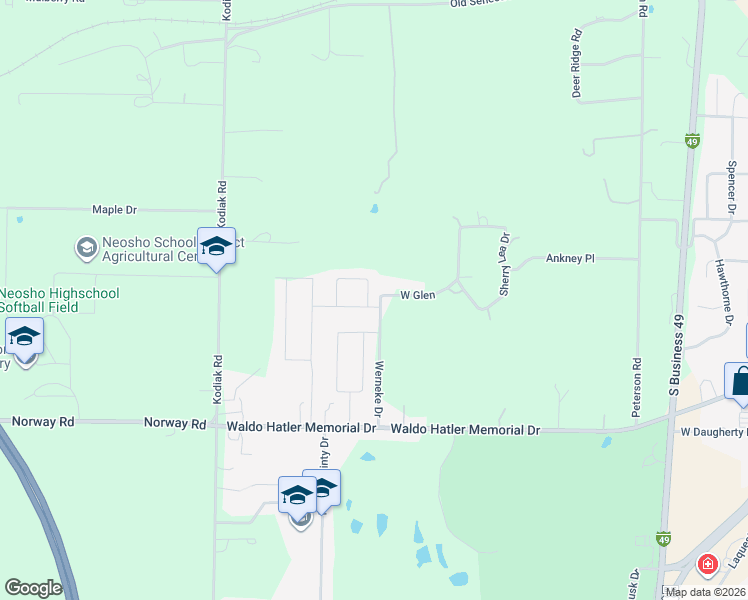 map of restaurants, bars, coffee shops, grocery stores, and more near 2100 Simplicity Way in Neosho